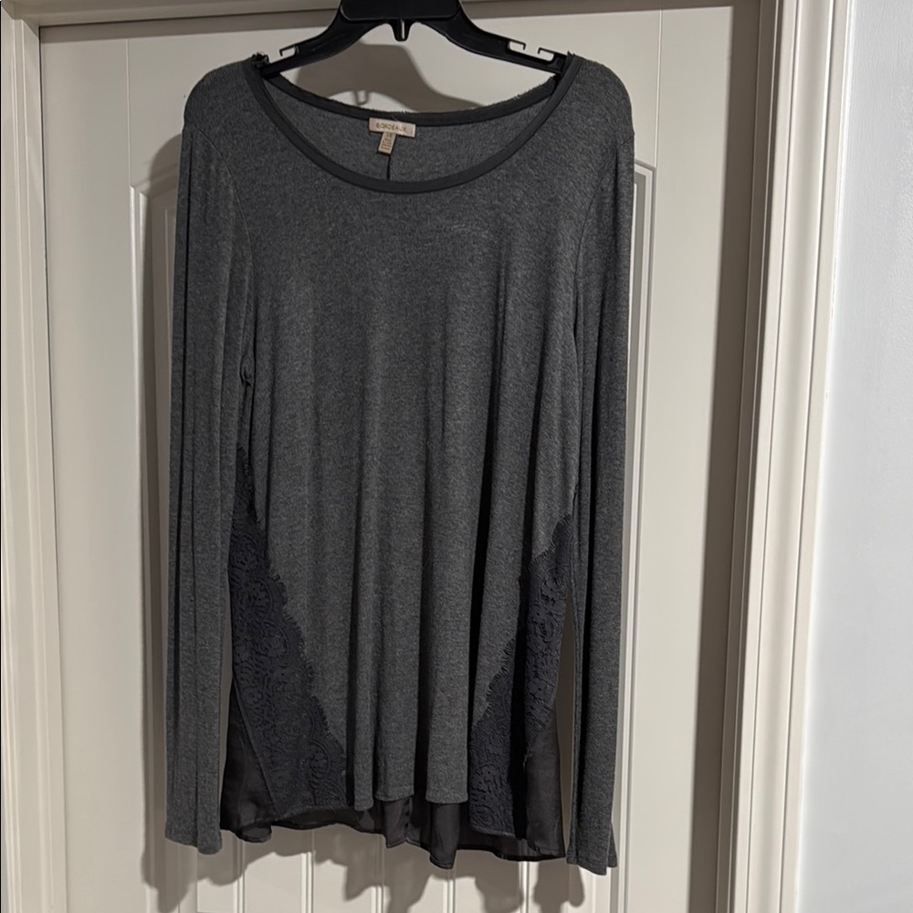 Anthropology Gray Long Sleeve Top with Lace Detail